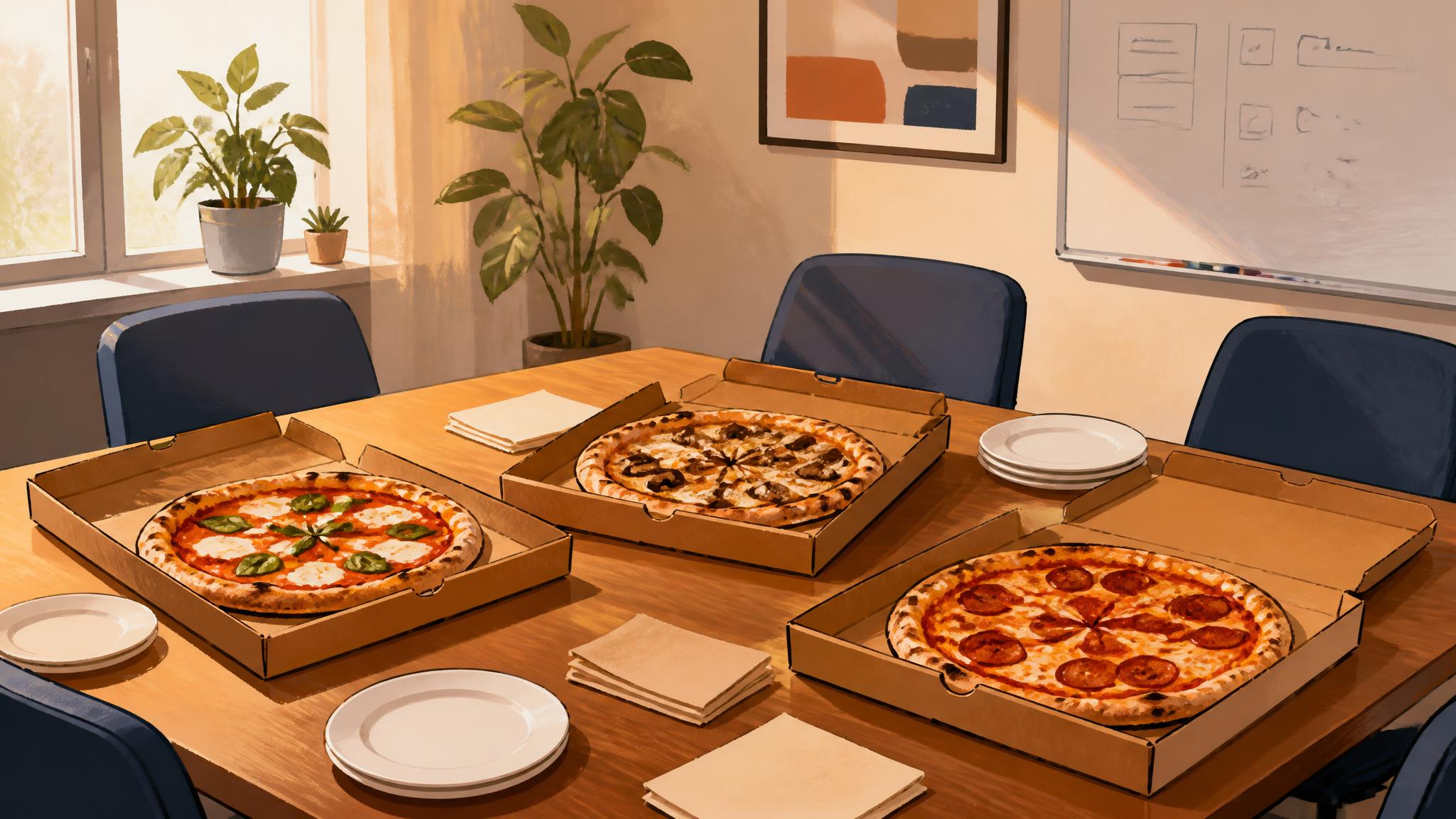 From a pizza-making team social to your next office lunch Illustrative pizza catering banner
